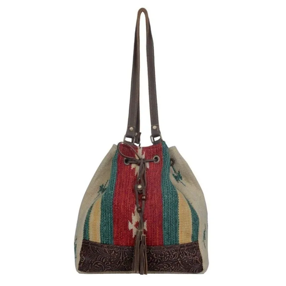Myra Bag Handmade Radiant Bucket Bag Upcycled Canvas & Cowhide Leather
